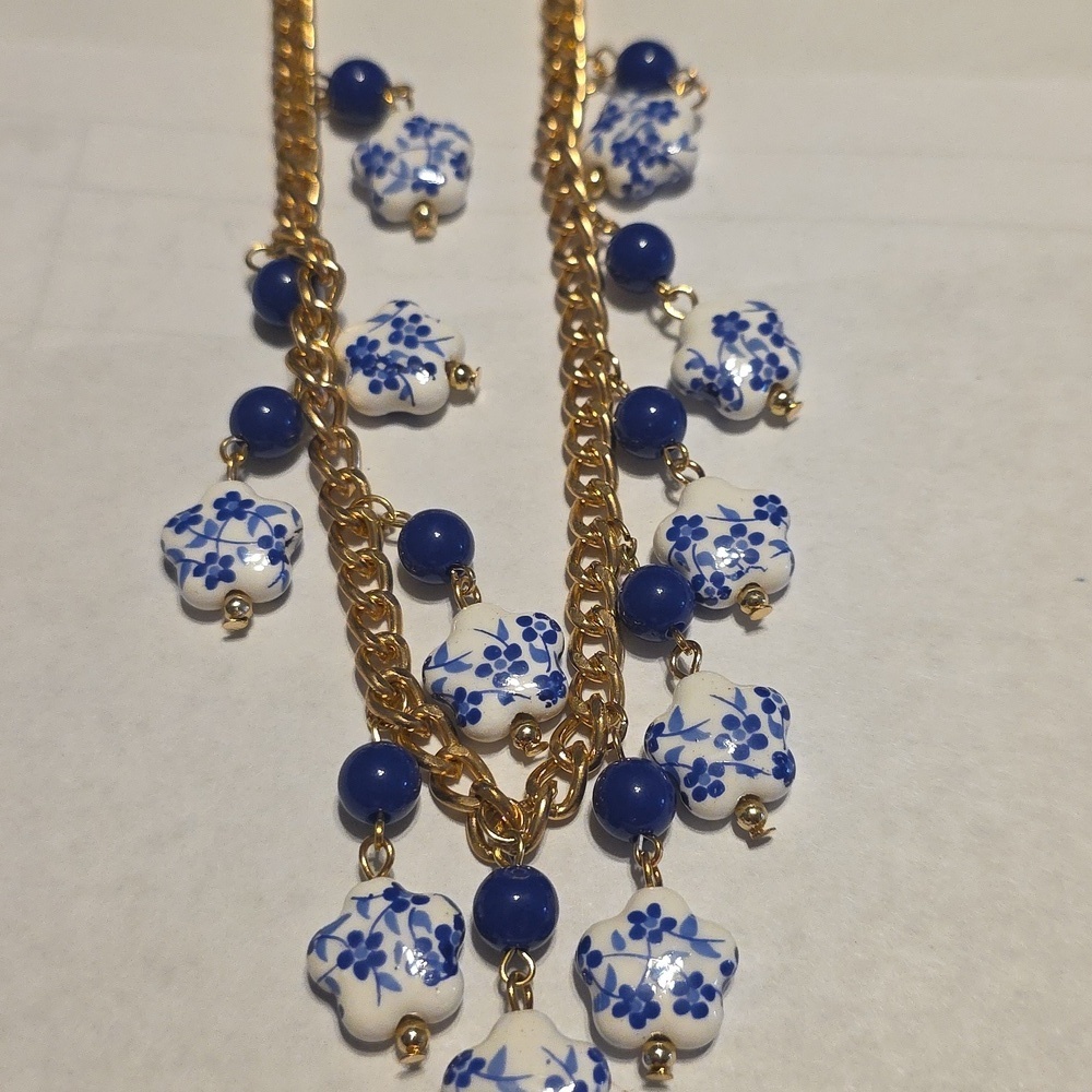Gold and Blue Floral Necklace - Picture 10 of 16